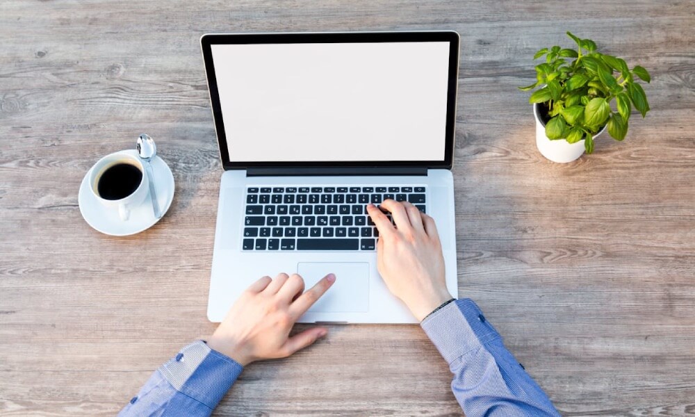 pisanie na laptopie, grafika wiodąca do artykułu freelancer