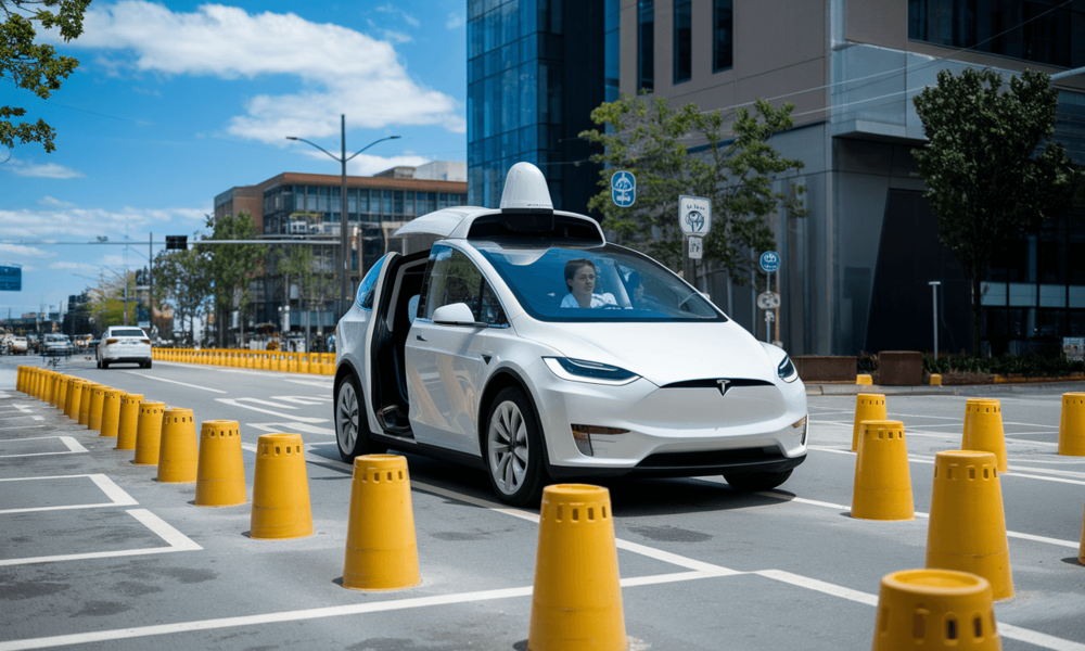 Robotaxi Tesli przejeżdża przez słupki podczas przygotowań Cybercaba do dróg publicznych